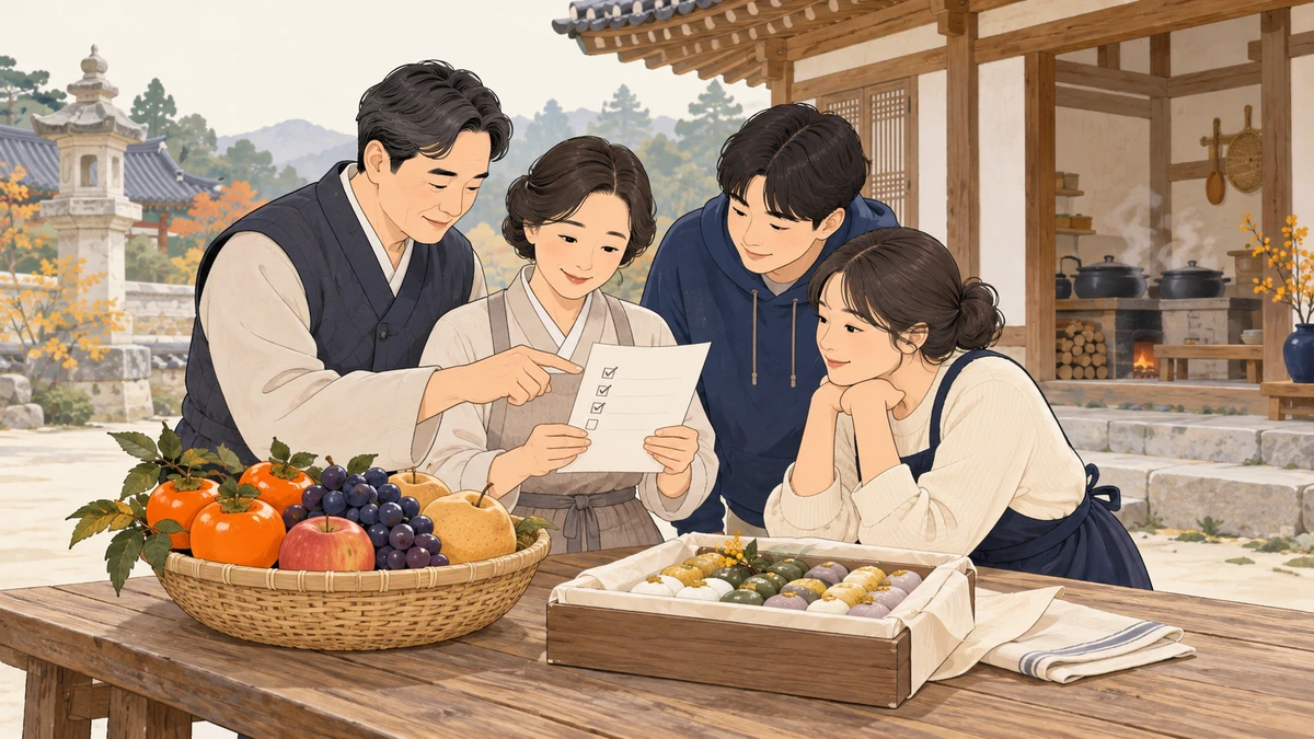 단정한 절 공양간 앞 탁자에 과일 바구니와 떡 상자가 놓여 있고 가족이 차분히 준비물을 확인하는 장면