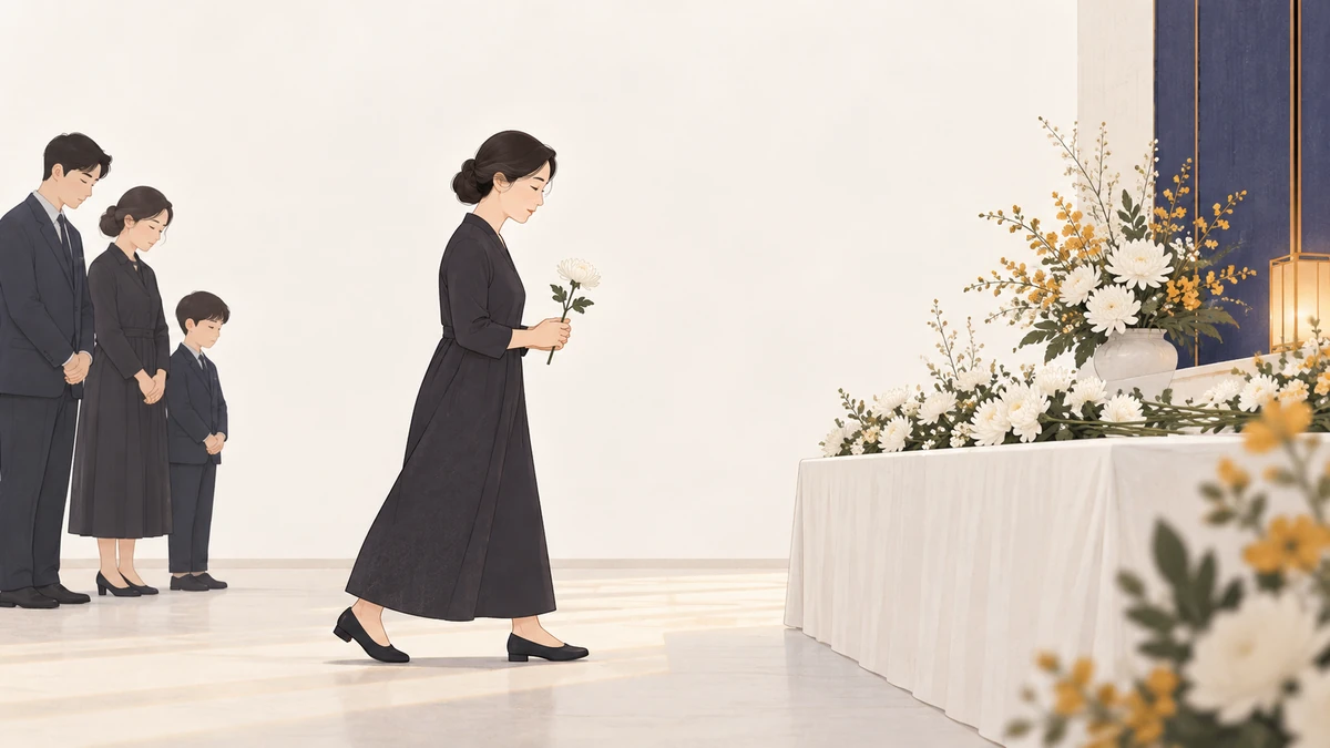 중년 여성이 두 손으로 흰 꽃 한 송이를 들고 헌화대 앞으로 조심스럽게 나아가는 옆모습