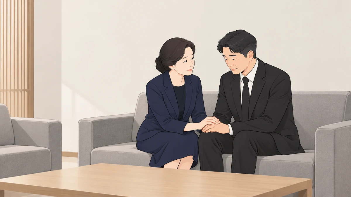 빈소 한쪽에서 중년 조문객이 상주의 손을 가볍게 잡고 조용히 위로의 말을 건네는 차분한 장면