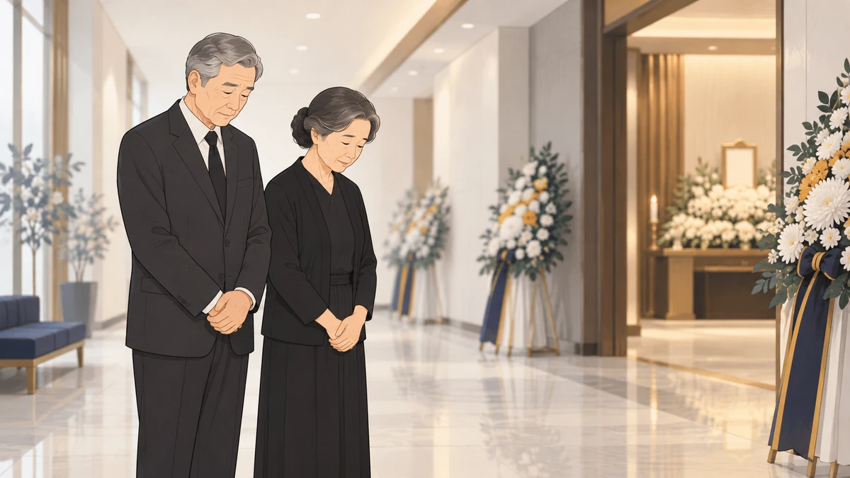 장례식장 복도에서 정장 차림의 노년 부부가 손을 모으고 고개를 숙인 채 조용히 서 있는 모습