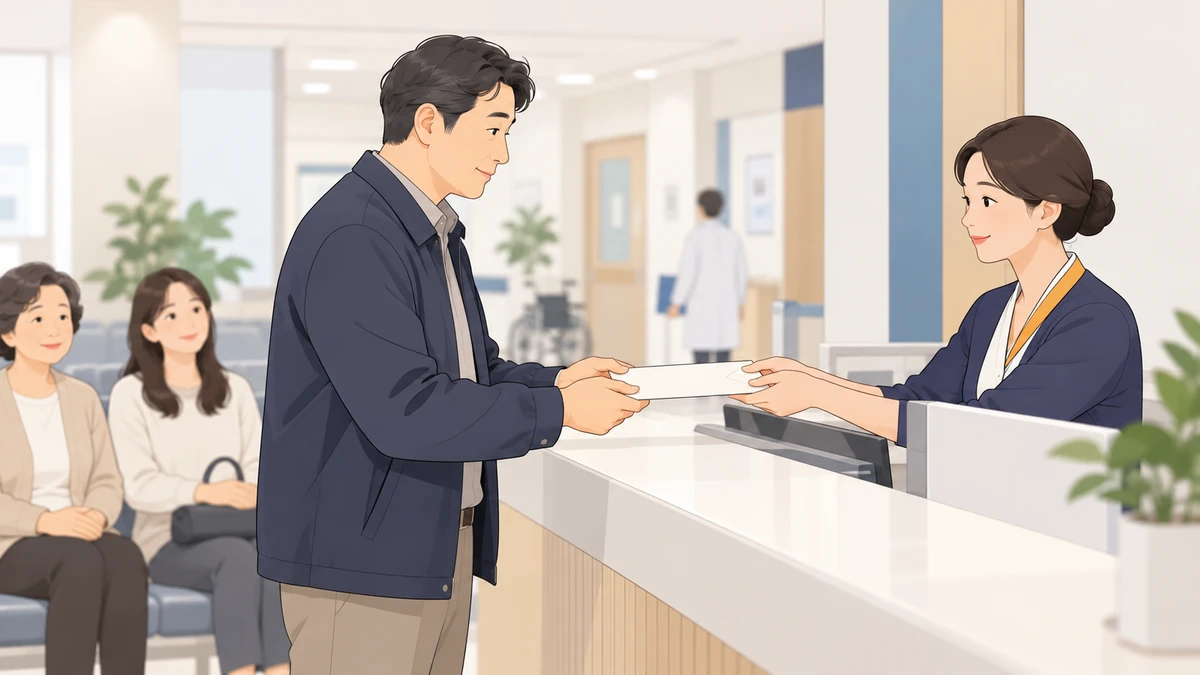 병원 원무과 창구에서 중년 아들이 직원에게 서류 봉투를 건네받는 모습