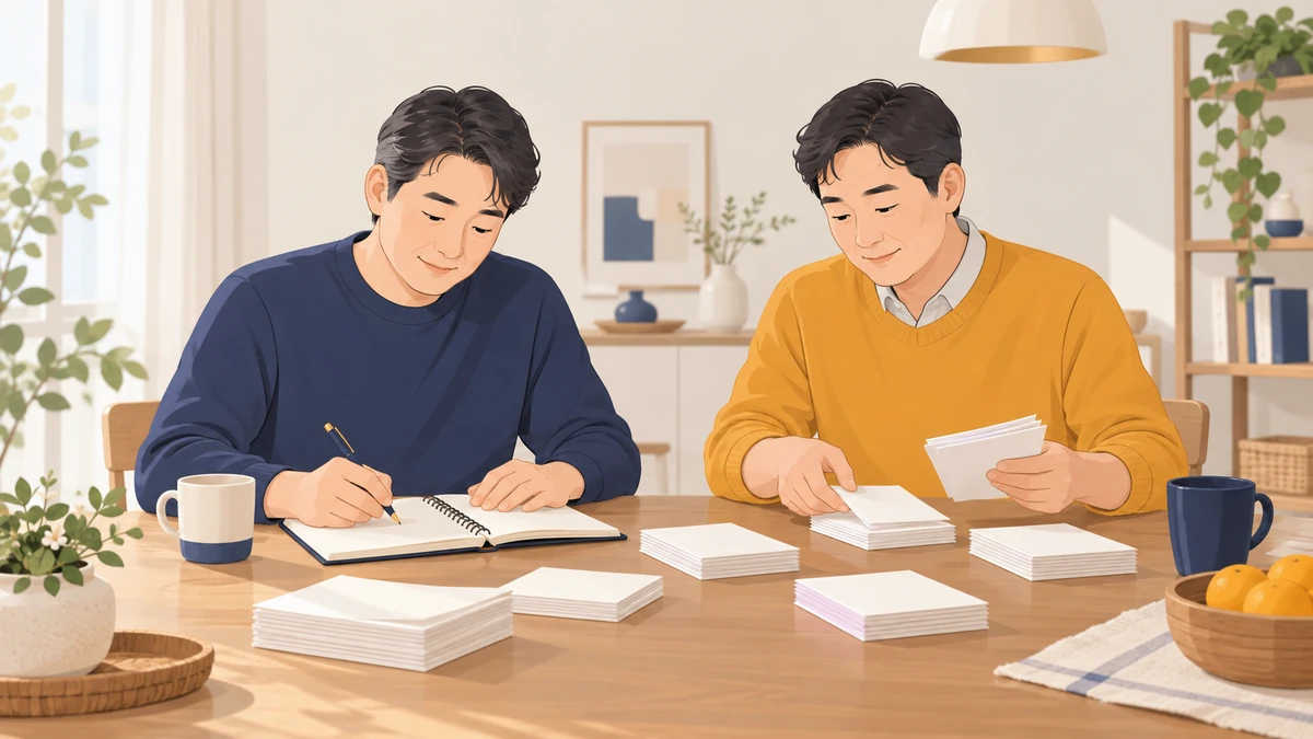 식탁에서 중년 형제가 공책에 할 일을 적으며 서류를 나누어 정리하는 모습