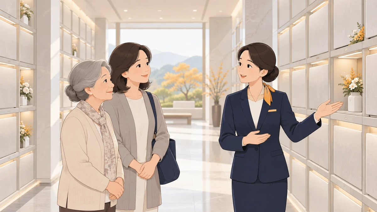 밝은 봉안당 복도에서 노년 어머니와 중년 딸이 직원의 안내를 받으며 안치단 위치를 살펴보는 모습
