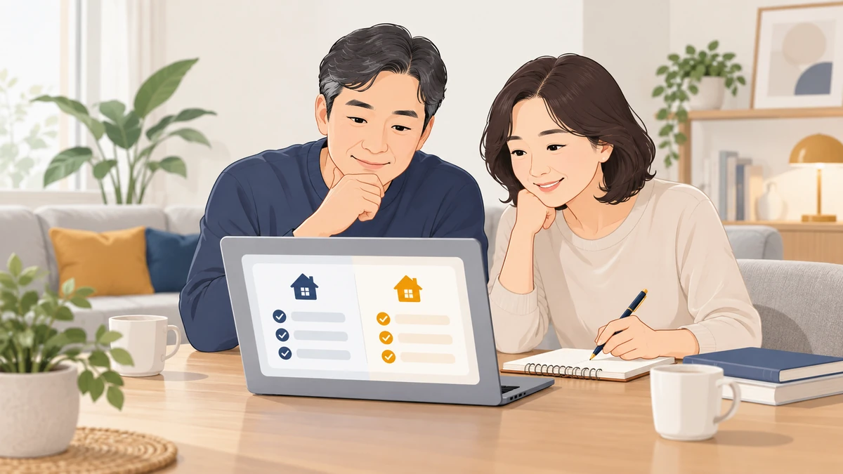 거실 노트북 앞에서 중년 부부가 시설 정보를 비교하며 메모하는 모습