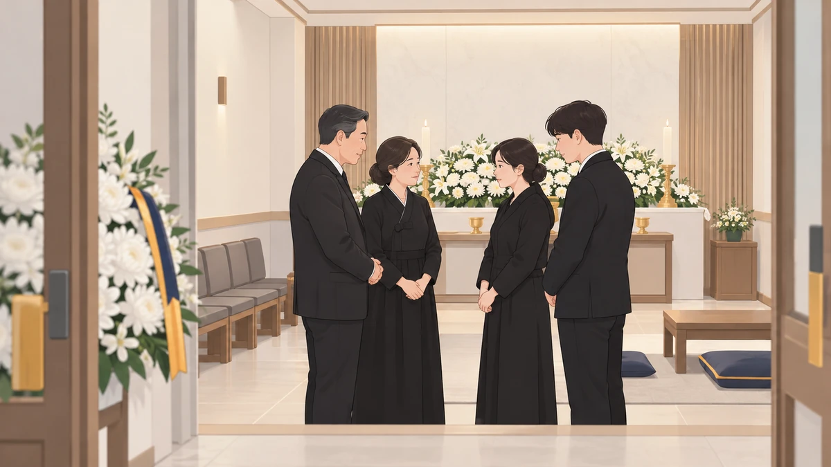 작은 빈소 앞에서 가족 네 명이 조용히 서서 이야기하는 차분한 모습