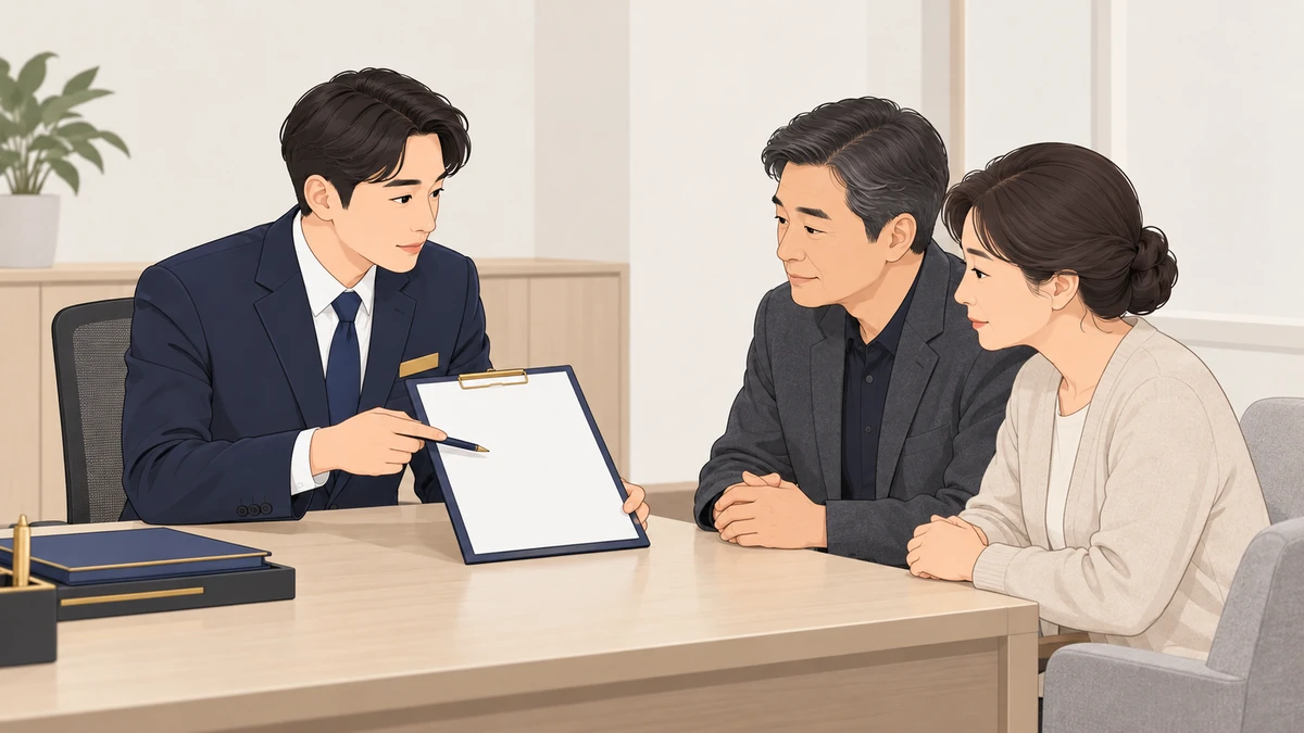상담 책상에서 장례식장 직원이 중년 부부에게 가격표를 짚어 보이며 설명하는 모습