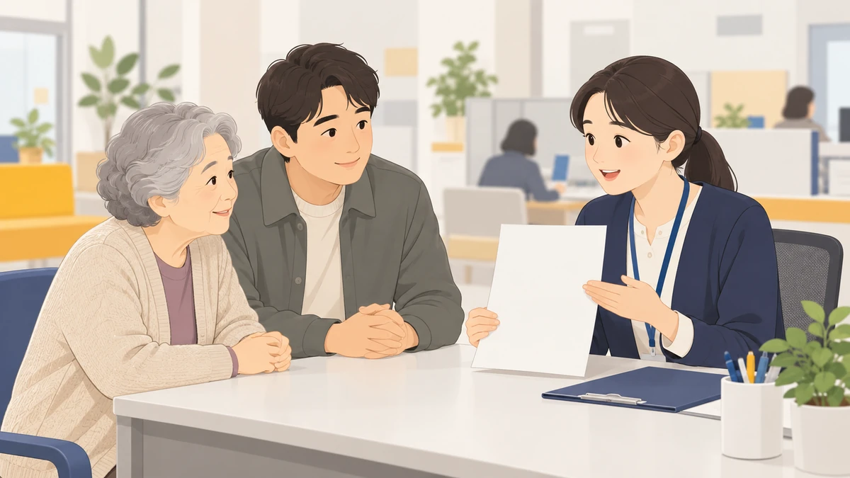 주민센터 상담 창구에서 노년 여성과 중년 아들이 직원에게 지원 제도 안내를 듣는 모습
