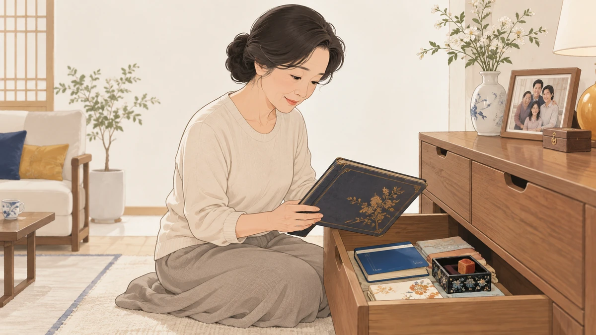 서랍 앞에 앉은 중년 여성이 오래된 사진첩과 통장, 작은 도장 상자를 조심스럽게 꺼내 보는 모습