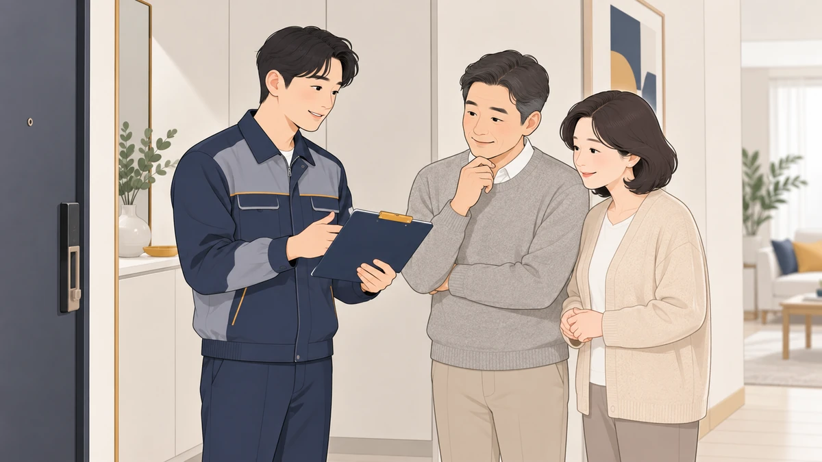 현관에서 작업복 차림의 직원이 중년 부부에게 서류판을 보여 주며 작업 범위를 설명하는 모습