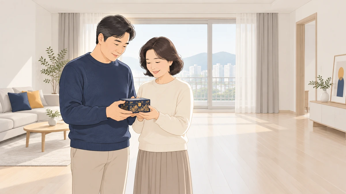밝아진 빈 거실에서 중년 남매가 마지막으로 남긴 작은 상자 하나를 함께 들고 있는 모습