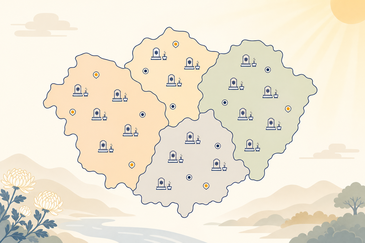 충청도 권역별 장례식장 분포 - 도음 충청도 4개 권역(대전·세종·충북·충남) 분포를 표현한 추상 지도