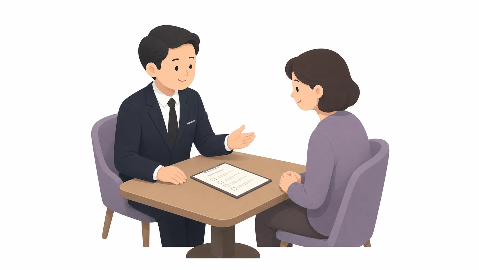 상주가 장례지도사와 상차림 구성을 조용히 상의하며 서류를 확인하는 차분한 상담 장면
