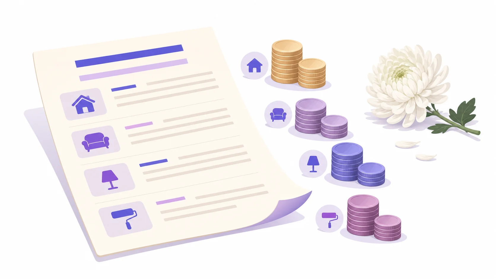 장례식장 견적서와 항목별 동전 묶음 정물 일러스트