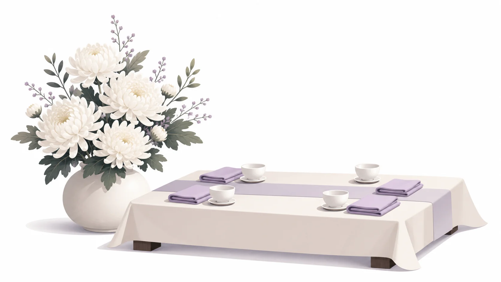 흰 국화 화병과 정갈하게 준비된 빈소 접객 테이블 일러스트