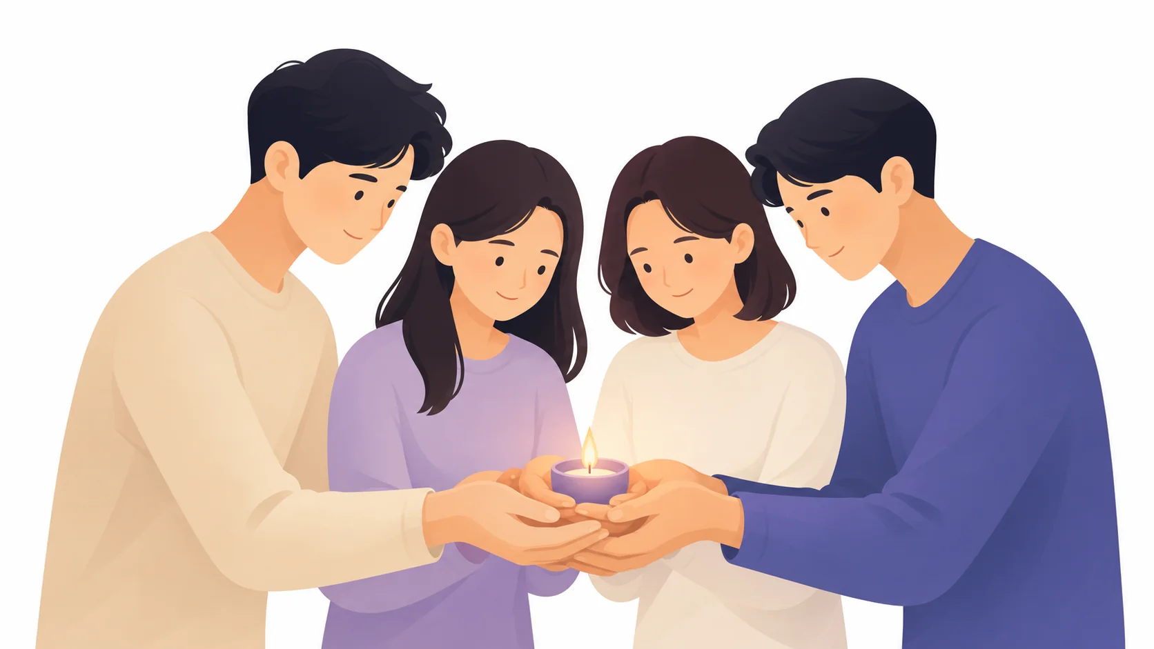 여러 사람이 작은 촛불을 함께 감싸는 사회적 돌봄