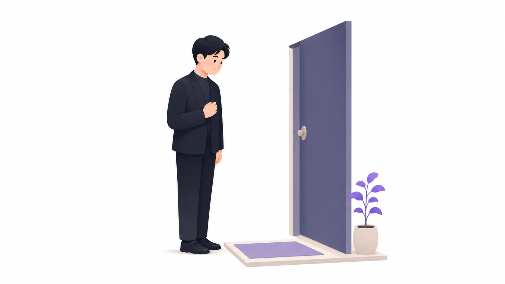 단정한 옷차림으로 장례식장 입구에서 예를 갖추는 모습