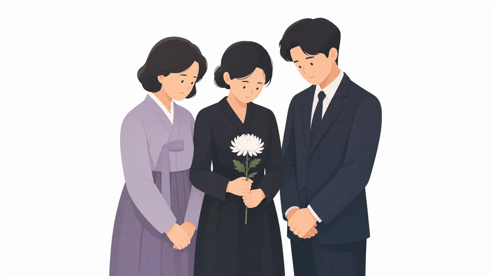 가족이 흰 국화를 들고 조용히 고인을 배웅하는 모습