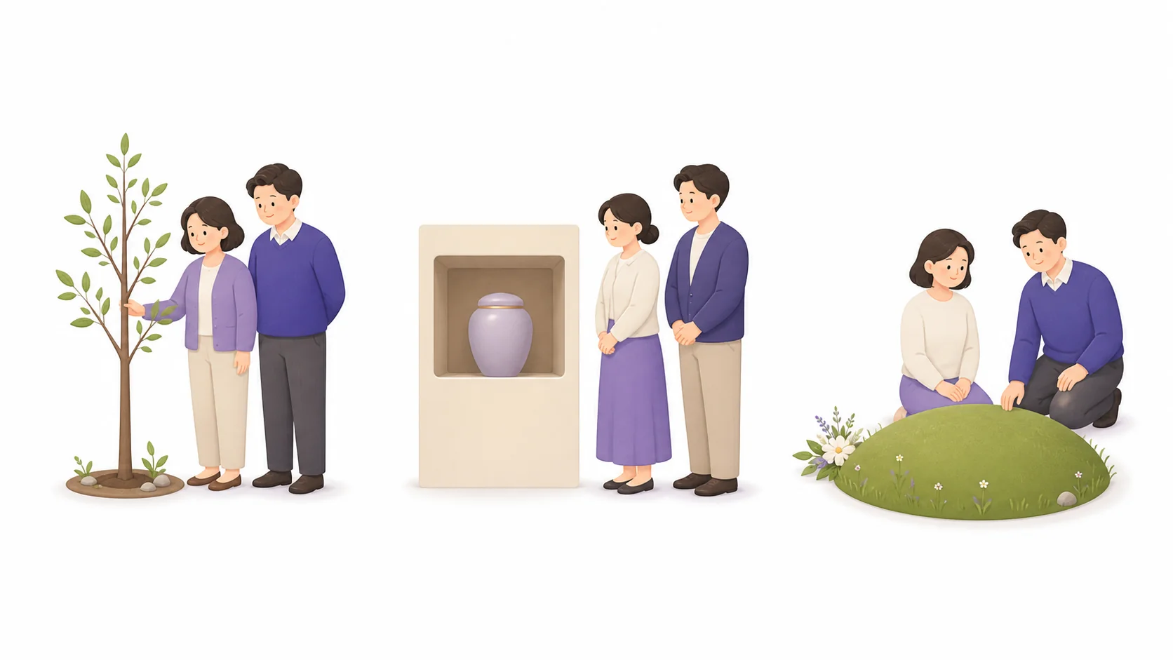 수목장 나무와 봉안당, 매장 봉분을 나란히 놓고 비교하는 가족