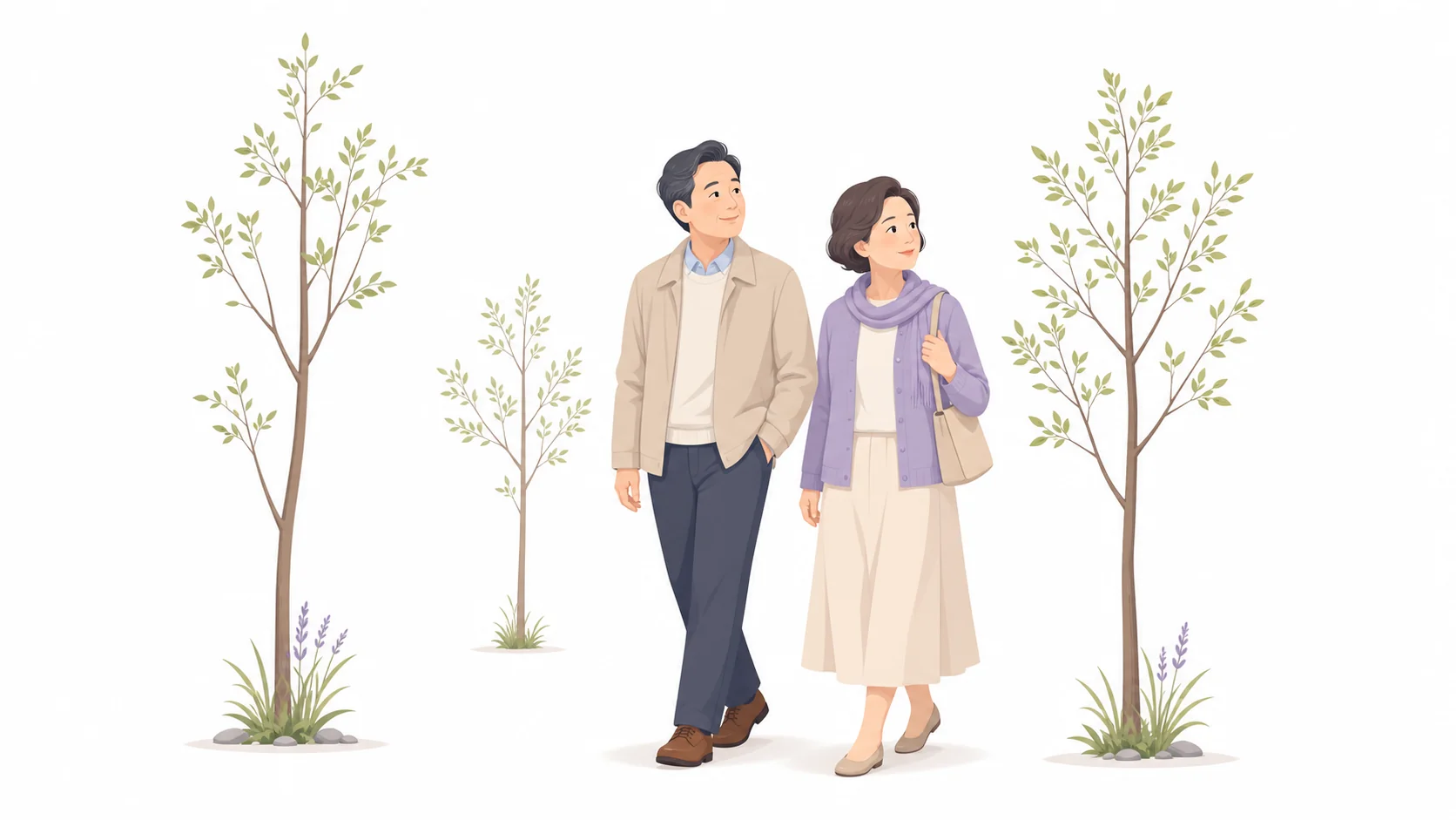 수목장림 나무 사이를 둘러보는 중년 부부