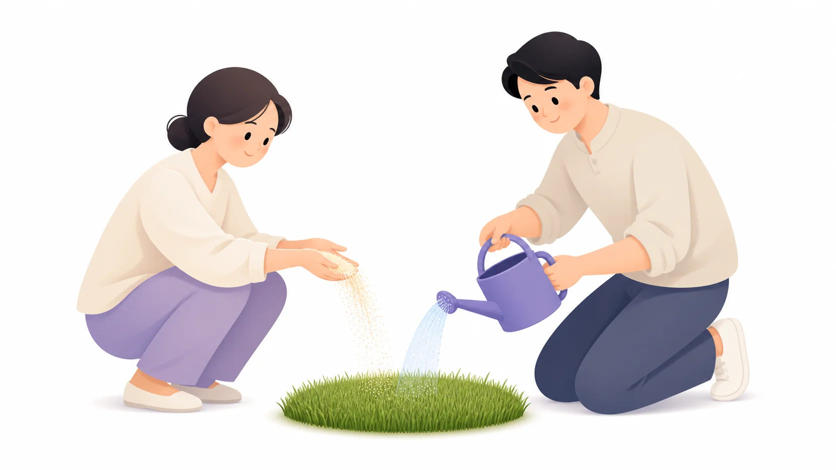 잔디 위에 골분을 뿌리고 물을 주는 산분 방법
