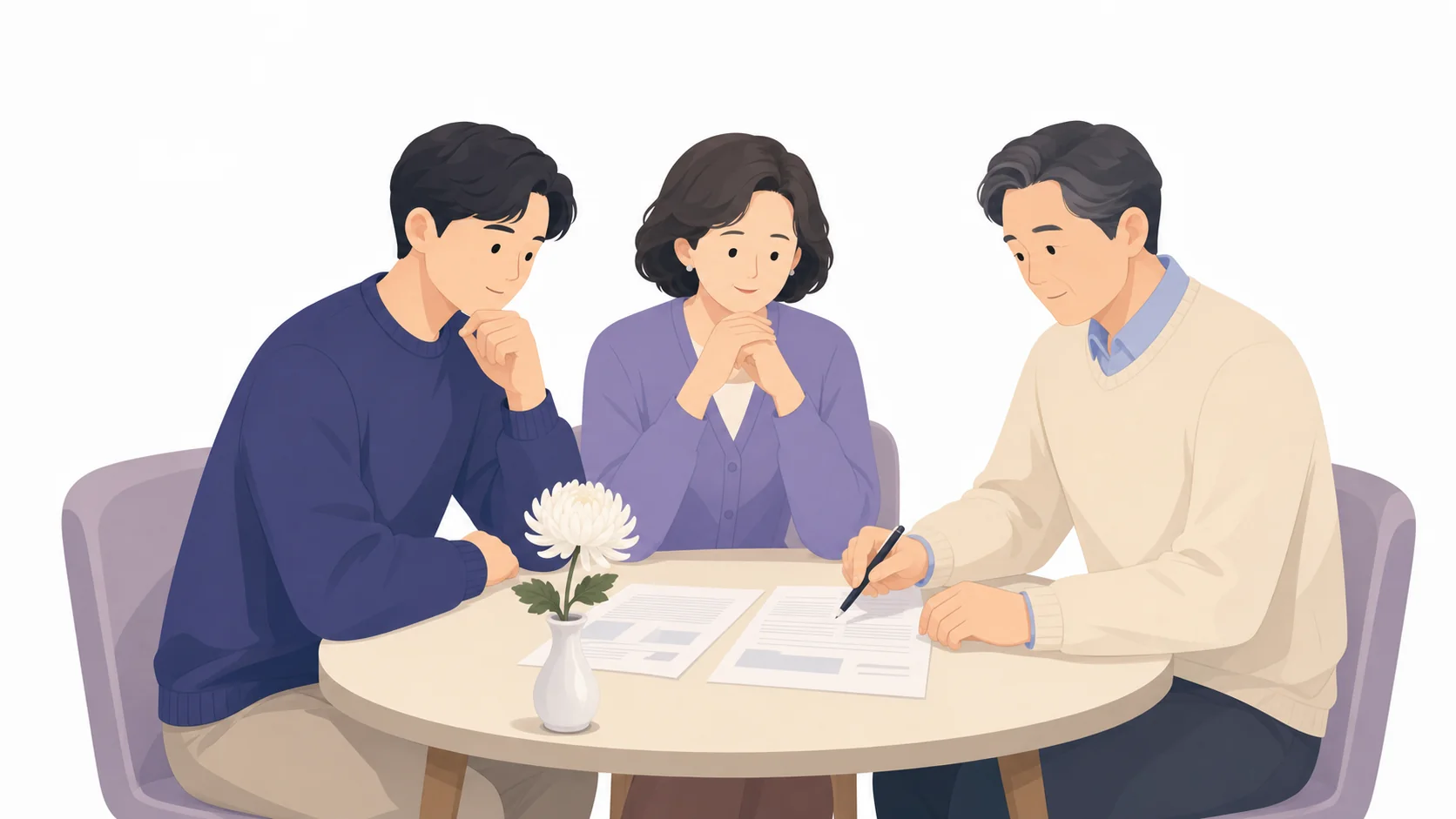 산분장 결정을 위해 조용히 상의하는 가족