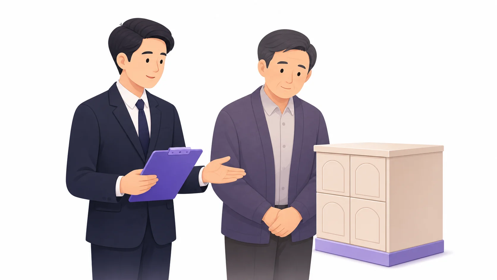 안치 시설 앞에서 서류판을 들고 안내하는 장례식장 직원
