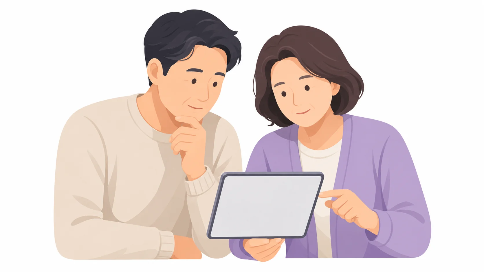 태블릿으로 장례식장 정보를 비교하며 상의하는 부부
