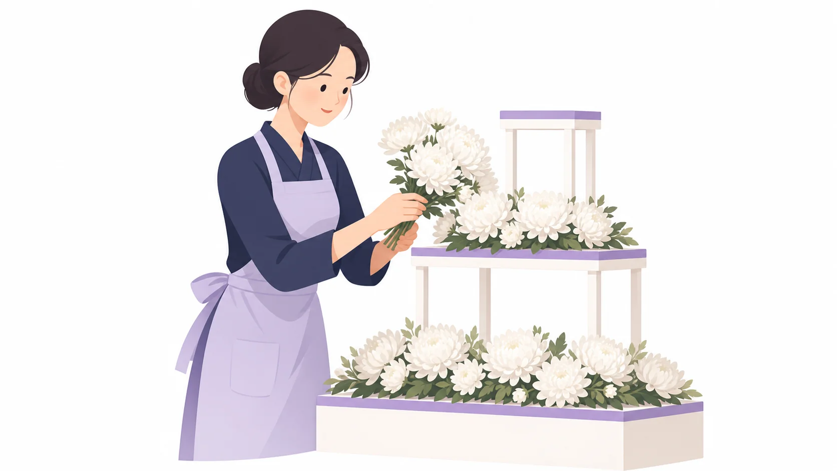 흰 국화 다발을 제단 틀에 정리하는 꽃집 직원