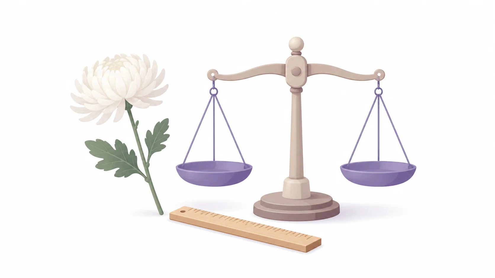 흰 국화와 자 저울로 표현한 제단 가격 결정 요소