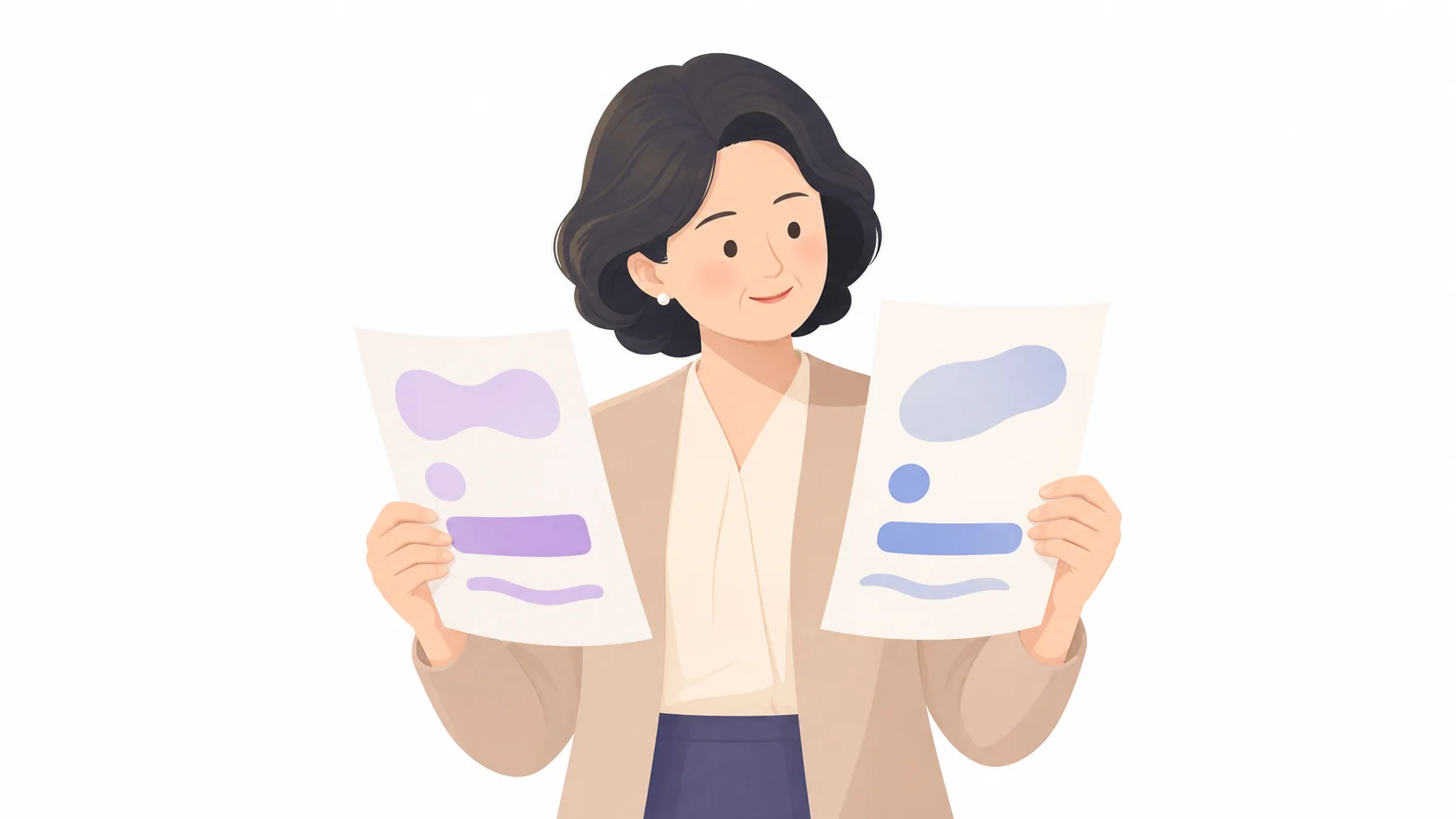 서류 두 장을 나란히 비교하는 중년 여성