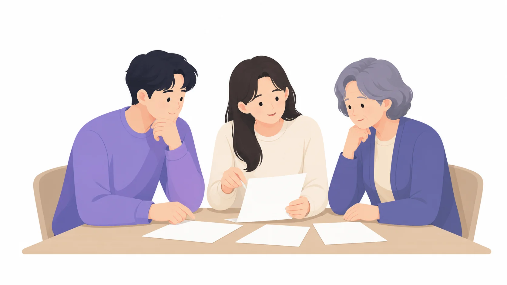 테이블에 둘러앉아 자료를 보며 상의하는 가족