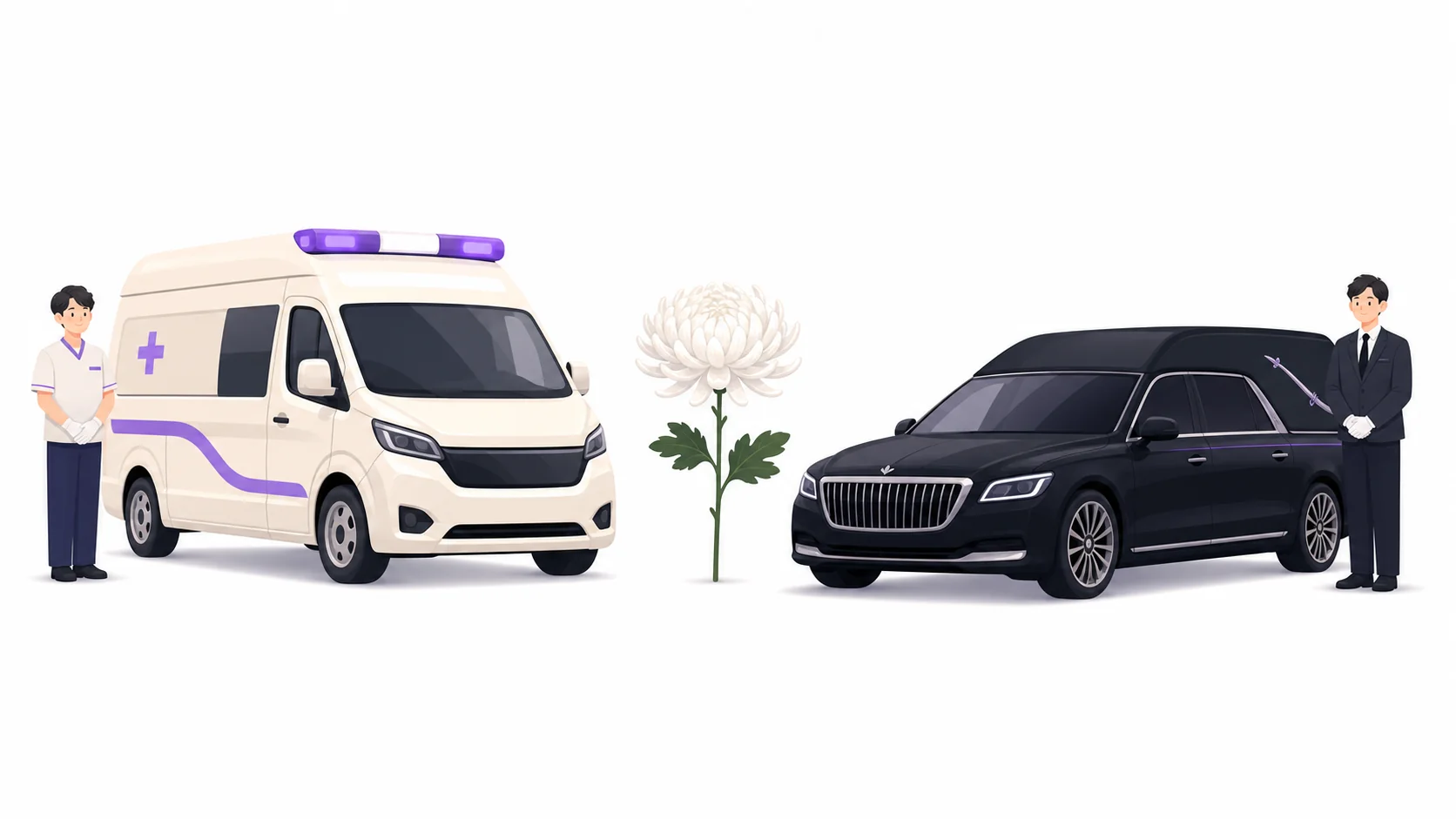 사설구급차와 장의차량을 나란히 놓은 비교 일러스트