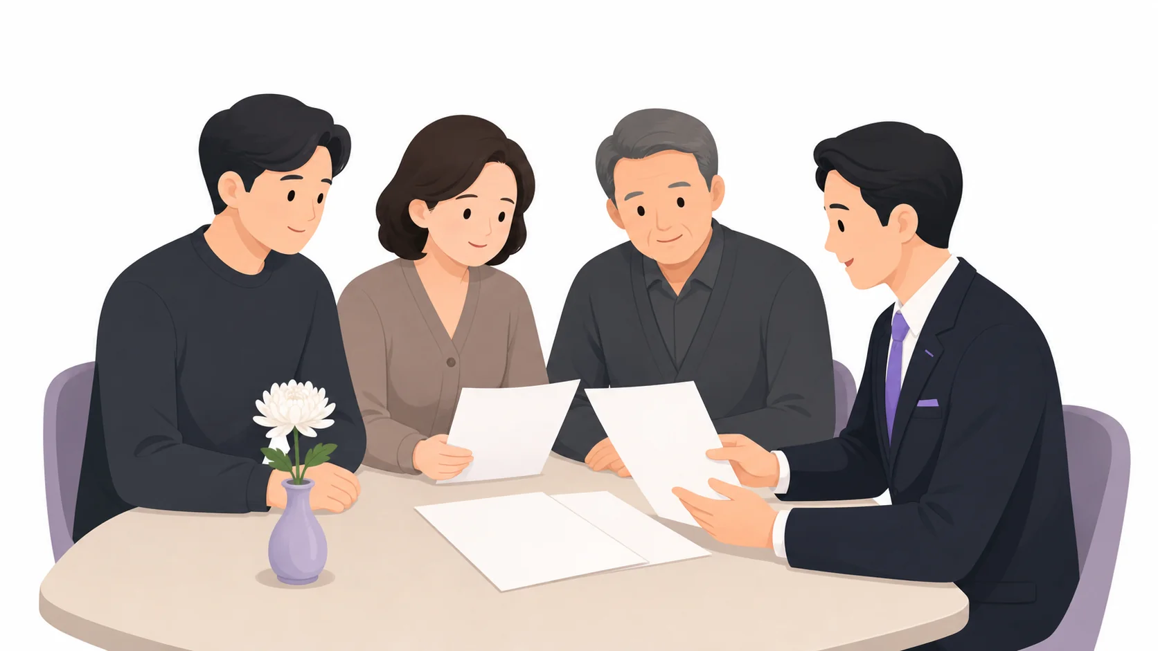 이송 요금 서류를 함께 확인하는 가족과 장례지도사