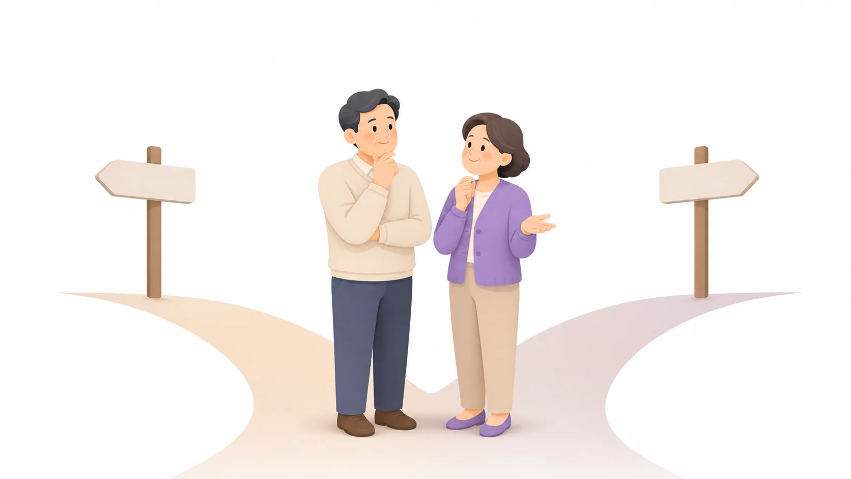 선불식과 후불제 갈림길에서 상의하는 중년 부부