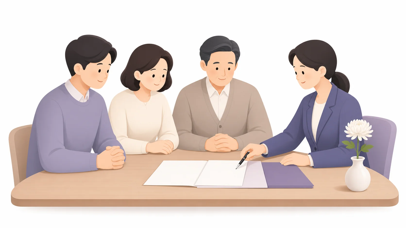 상조 계약서를 함께 검토하는 가족과 상담사