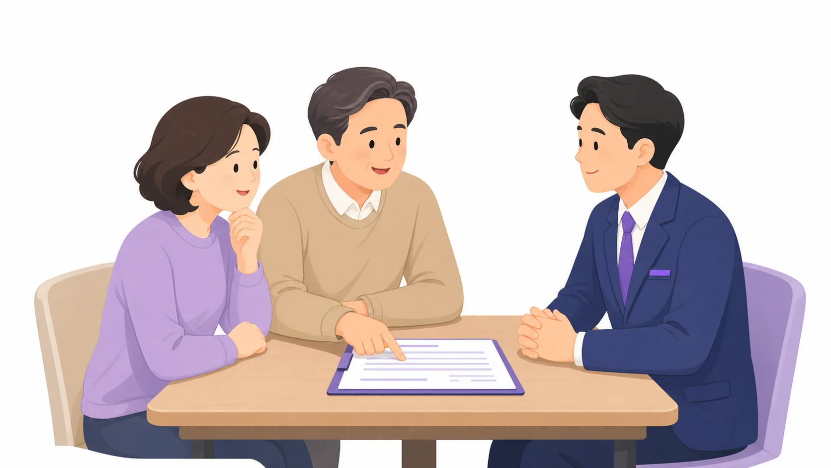 가족이 견적서를 놓고 담당자에게 질문하는 상담 모습