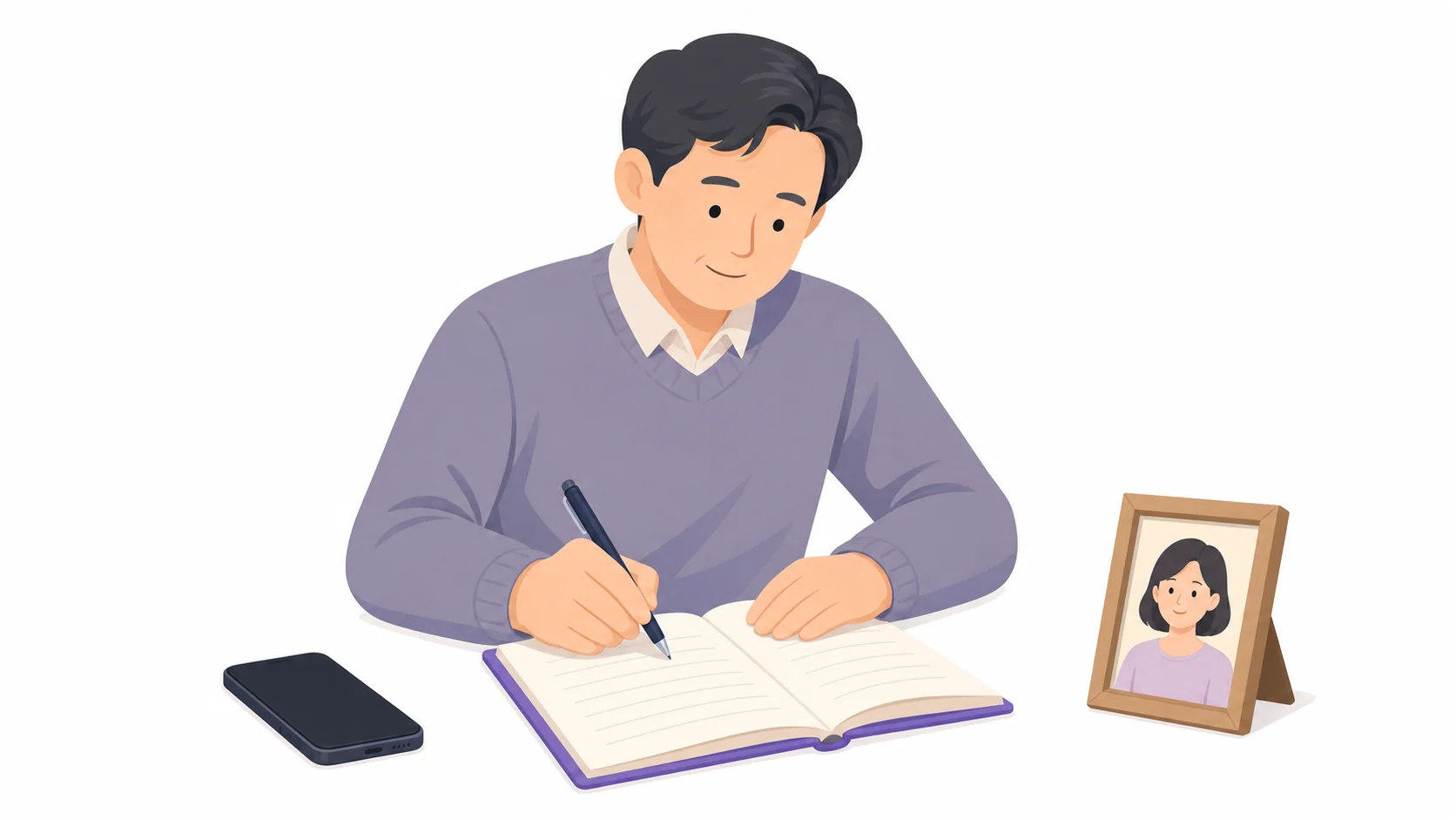 준비 목록을 노트에 정리하는 중년의 차분한 모습