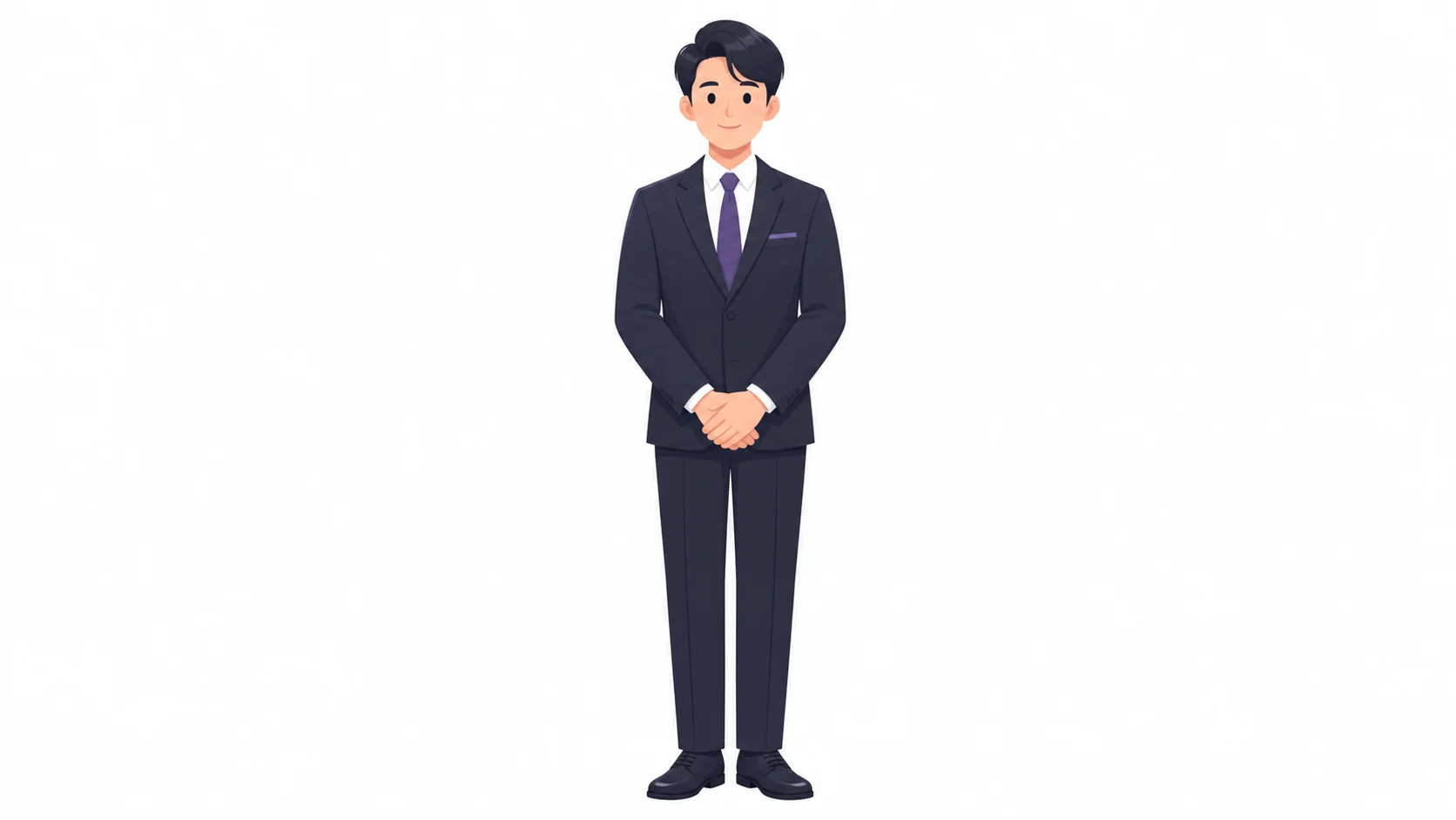 두 손을 모으고 차분히 서 있는 검은 정장 차림의 인물