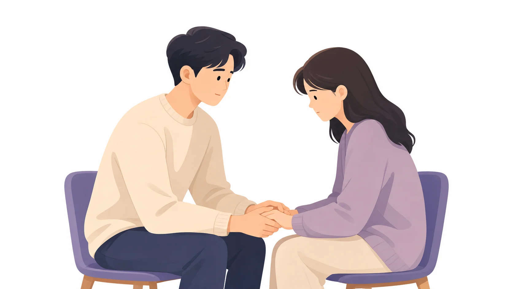 상대의 두 손을 잡고 조용히 위로를 전하는 모습
