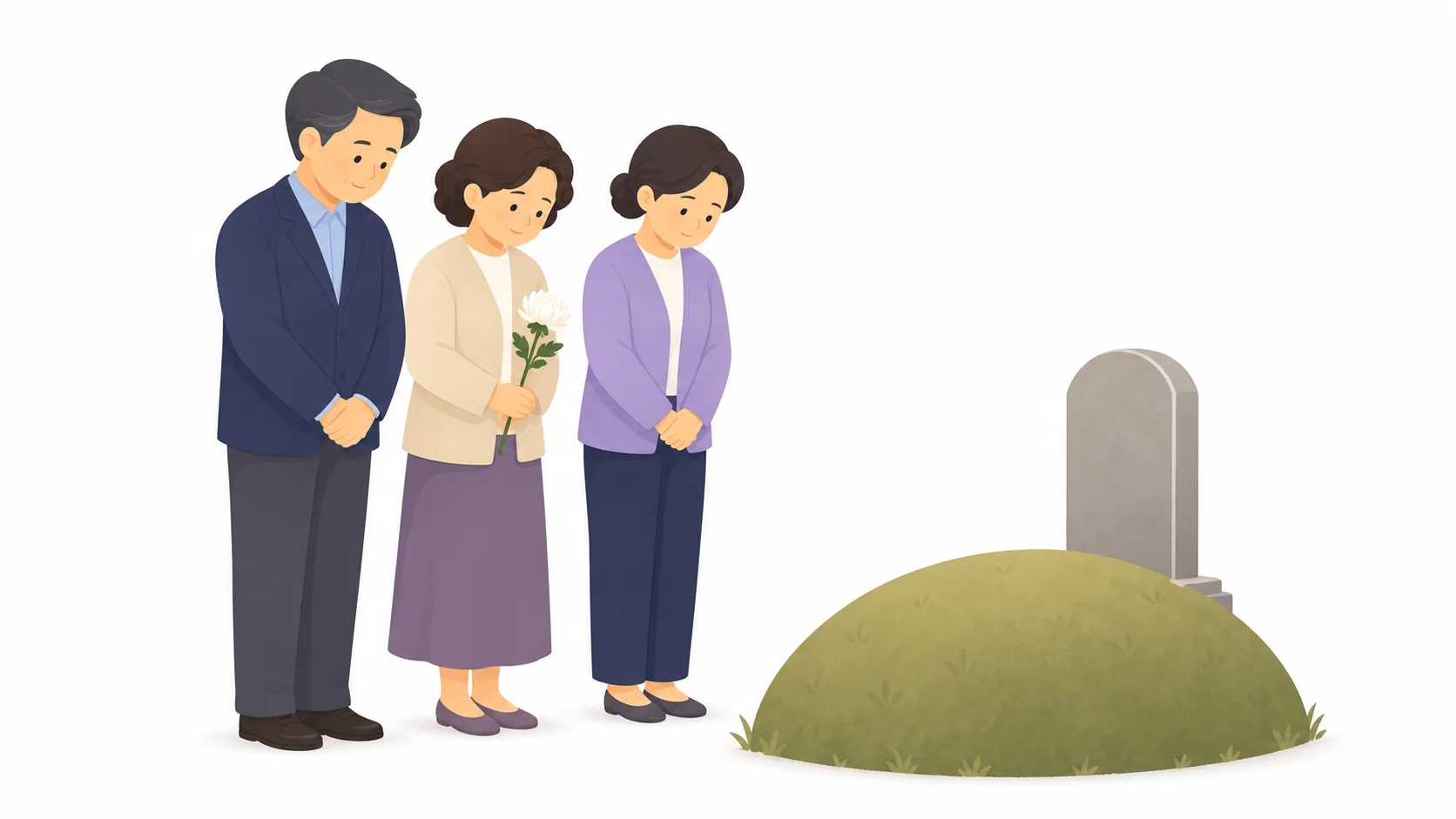 묘소 앞에서 고개 숙여 인사하는 가족