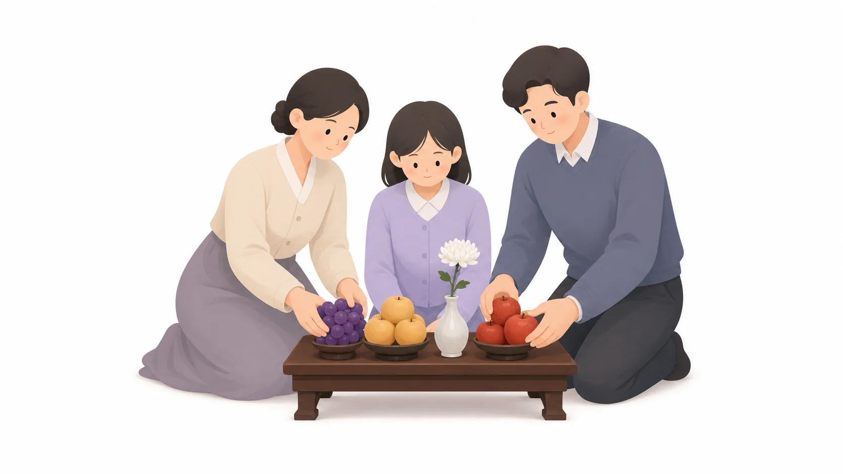 봉안당 참배실에 과일을 올리는 가족