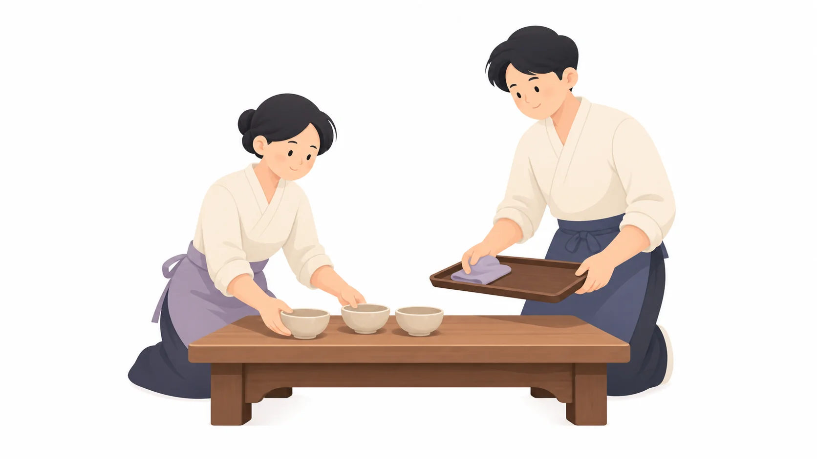 접객실에서 상을 차리고 정리하는 도우미 두 사람