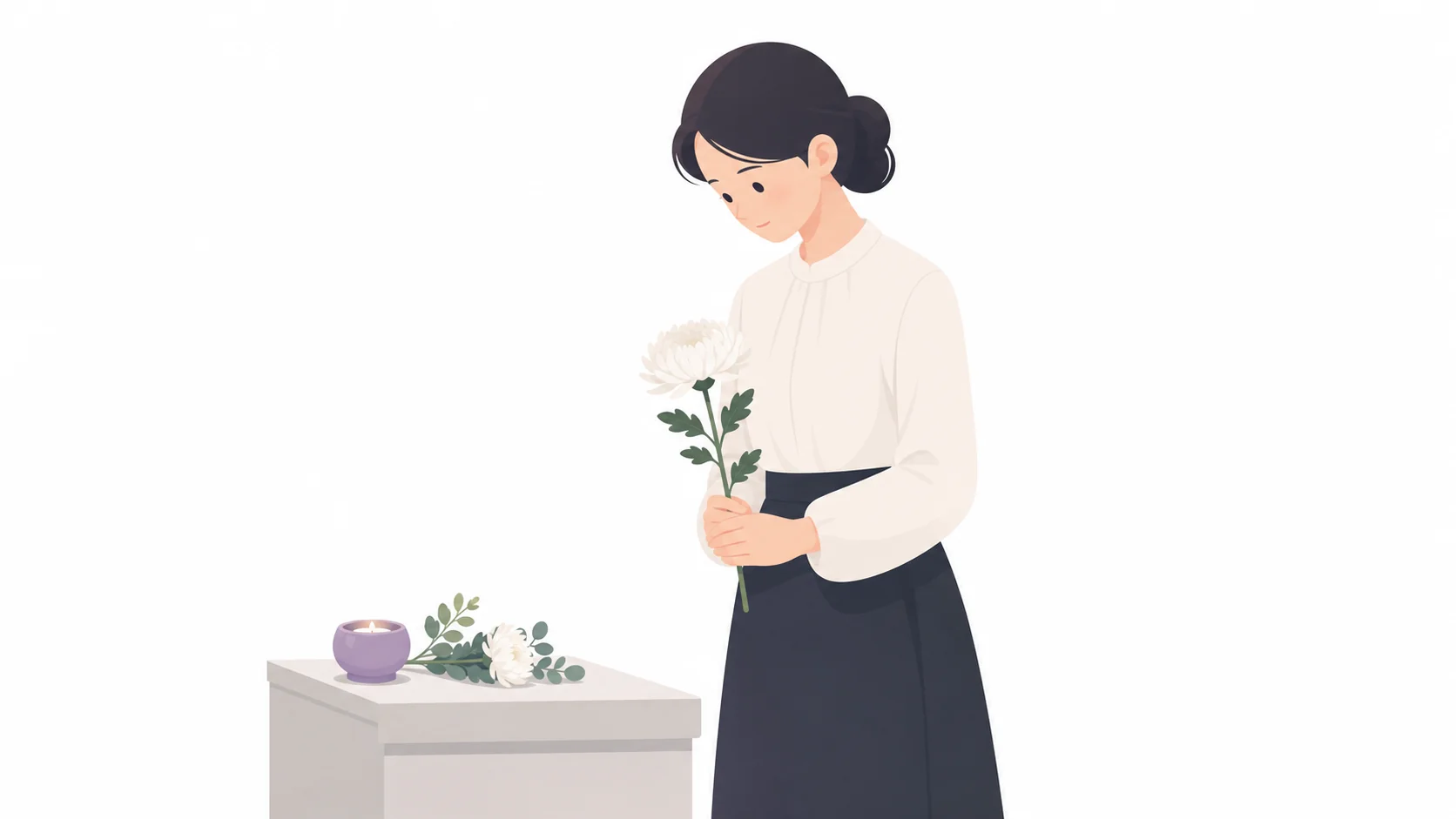 추모 공간 앞에서 흰 국화를 든 여성