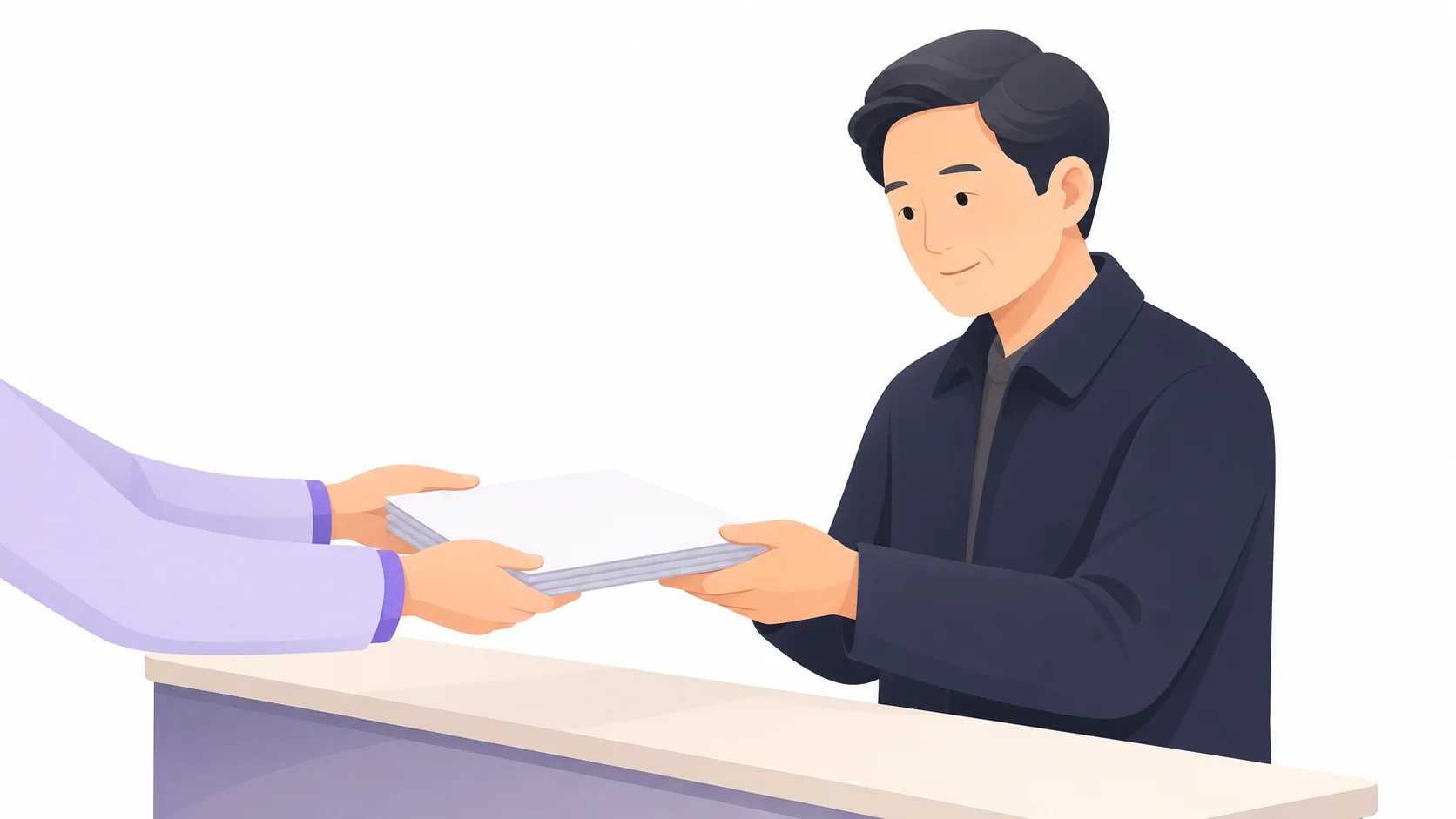 병원 창구에서 증명 서류를 건네받는 유족