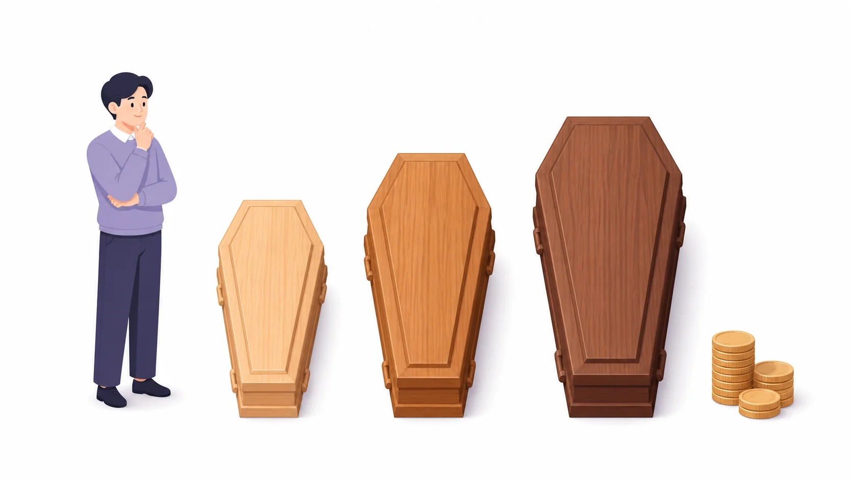 가격대가 다른 세 종류의 목재 관을 비교하는 모습