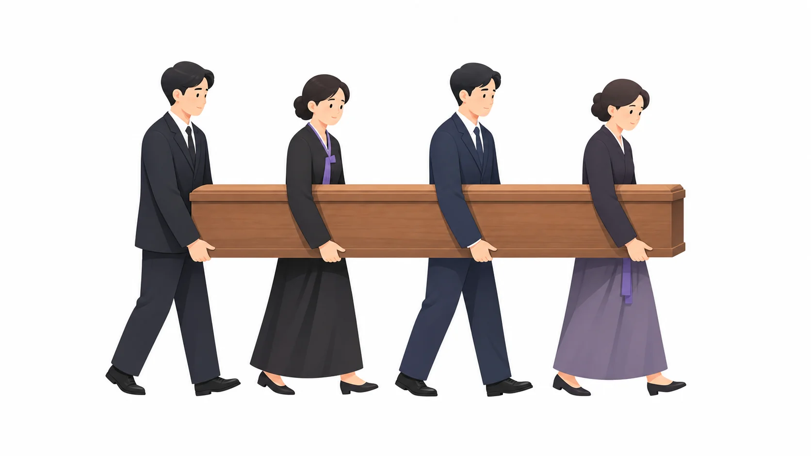 네 사람이 함께 관을 옮기는 운구 장면