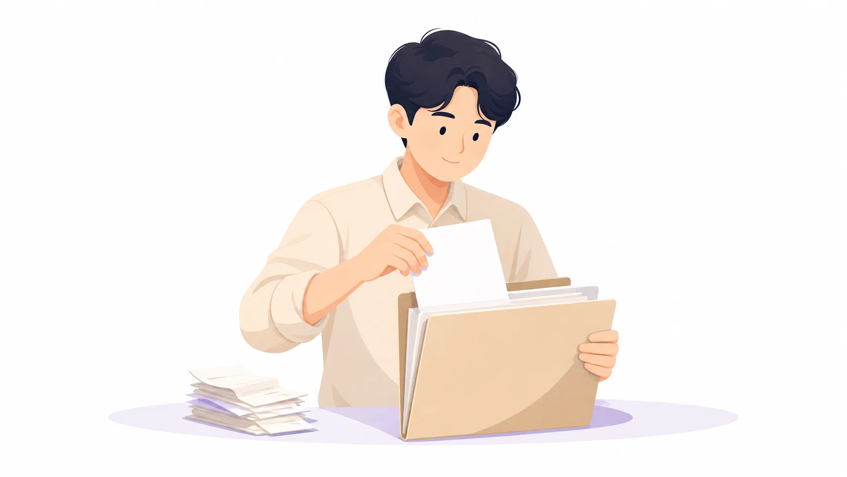 정산 서류와 영수증을 서류철에 정리하는 모습