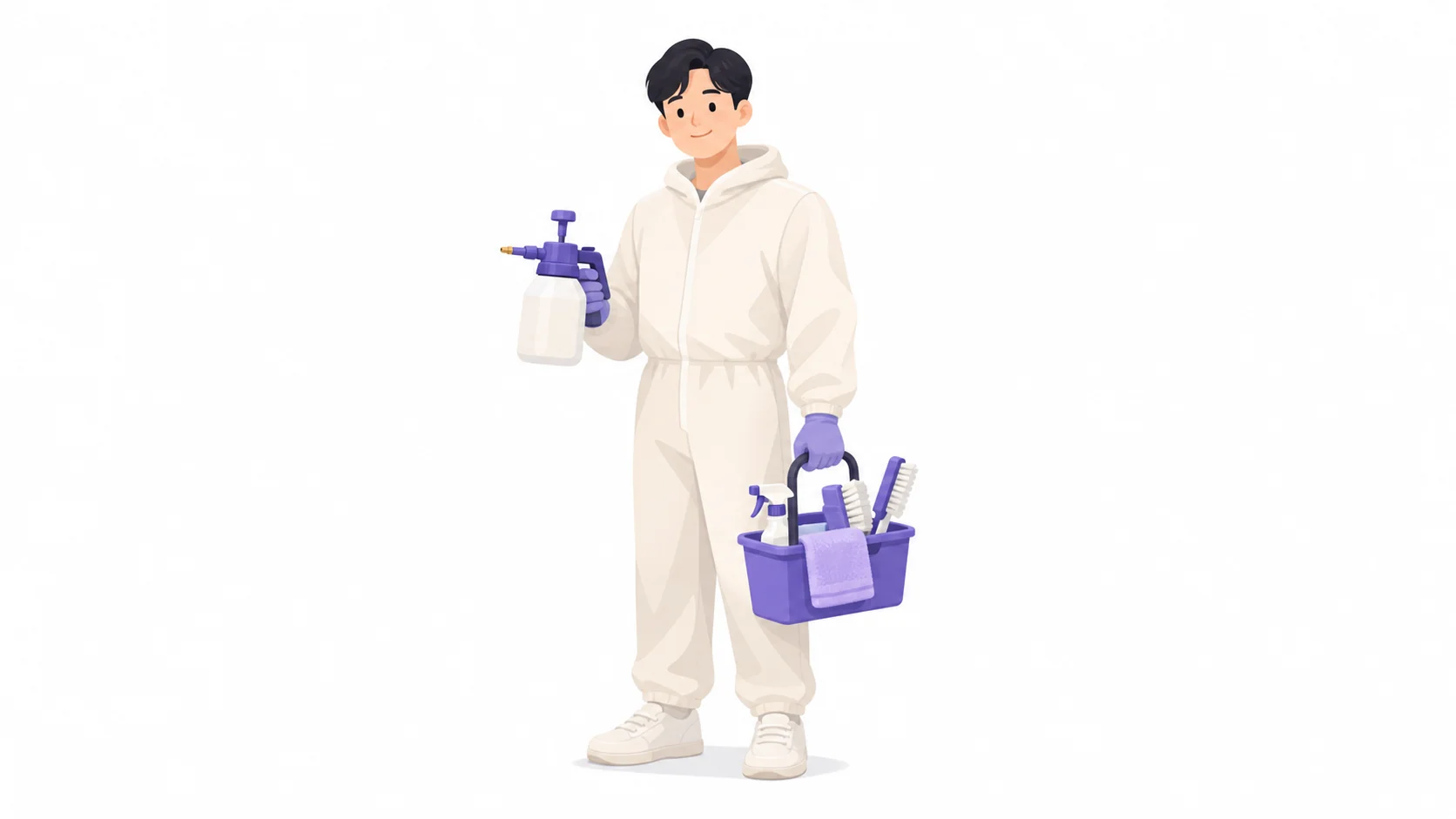 방역 장구를 갖춘 특수청소 작업자