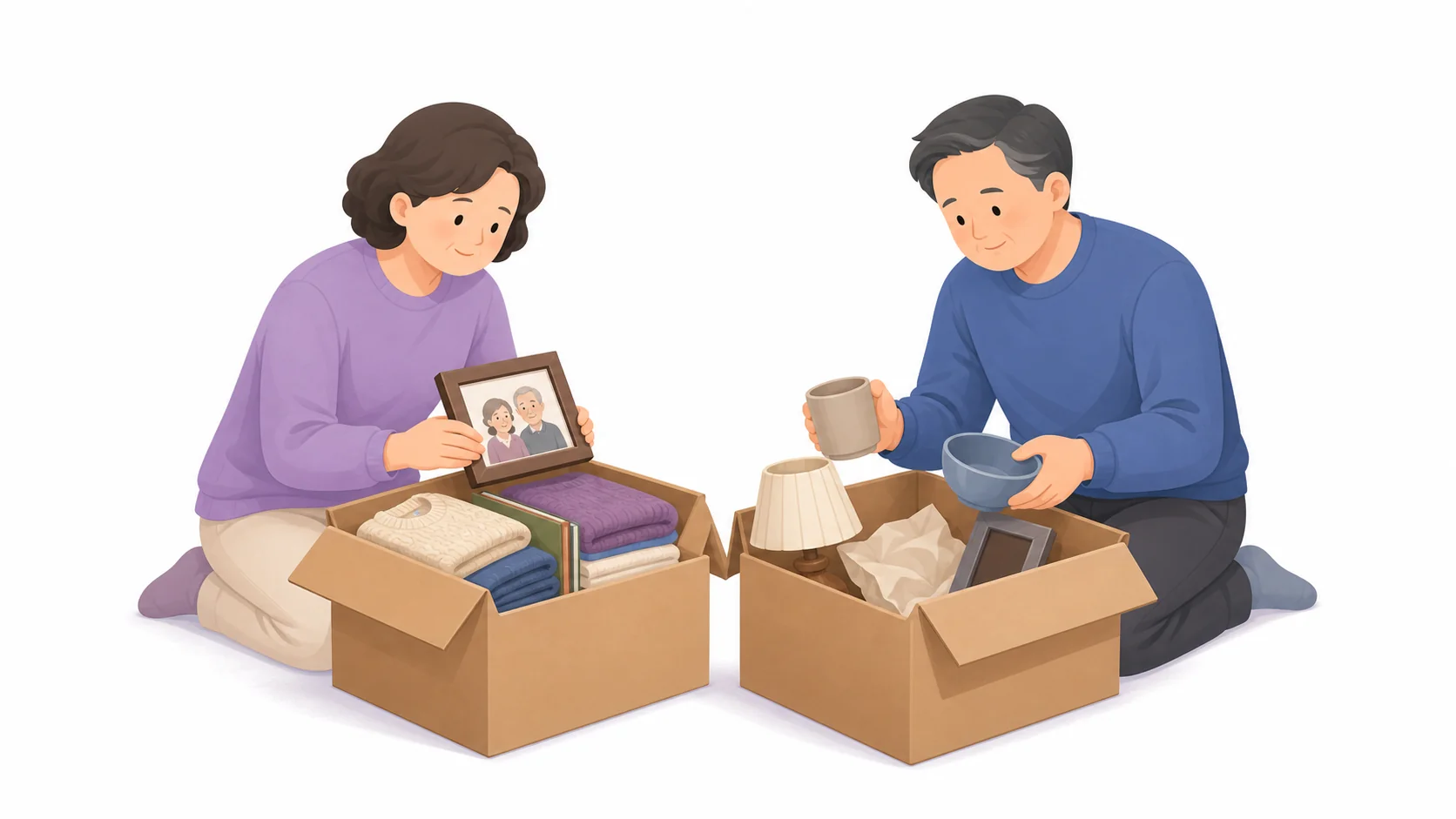 남길 물건과 정리할 물건을 두 상자로 나누는 가족