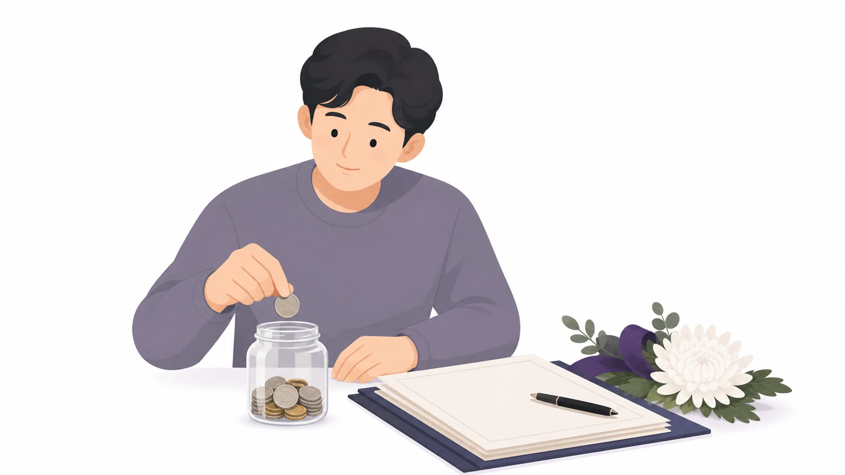 장례 비용 서류 옆에서 동전을 모으는 손